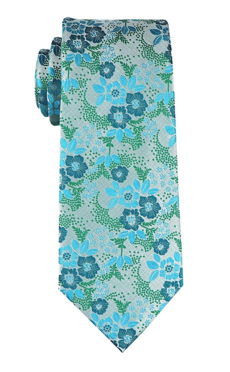 Elfeves Men's Cyan Blue Green Tie Floral Woven Silk Paisley Formal Necktie for Gentleman - Image 3
